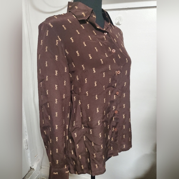 Vintage Yves Saint Laurent YSL Brown Silk Logo Long Sleeve Button Up Blouse sz12 - Picture 5 of 8